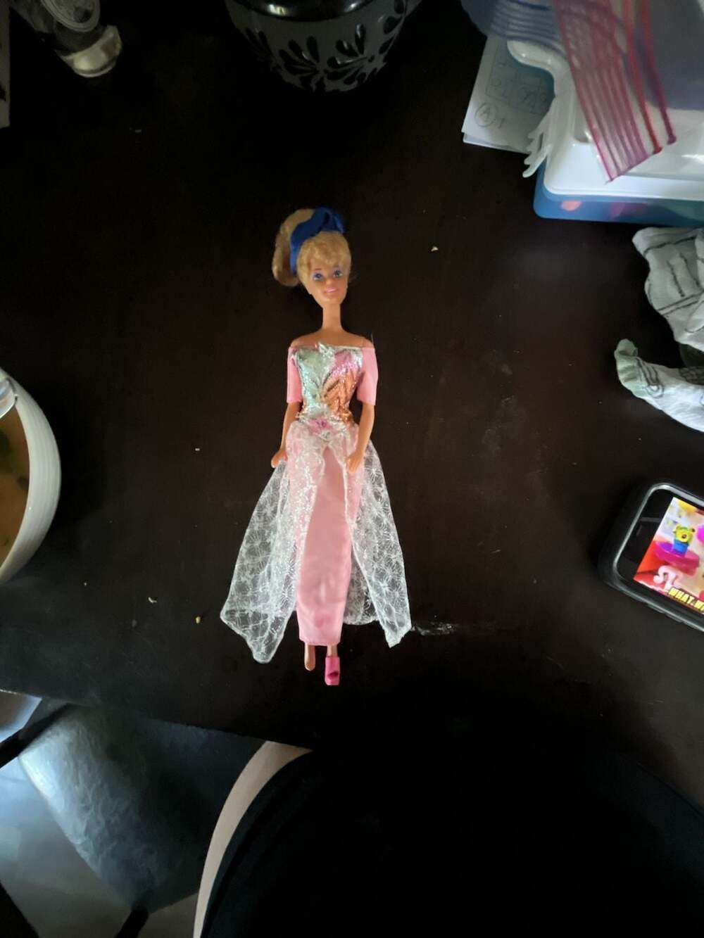 Mattel Barbie Doll 1989 Vintage Blonde Pink Sparkle Dress Blue Bow